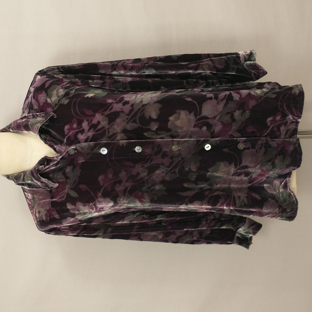 Purple Floral Velvet Silk Blend Blouse Shaket Lush Soft Top Versatile Bohemian